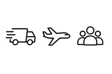 Simple icons of delivery truck, airplane, and people in black outline style