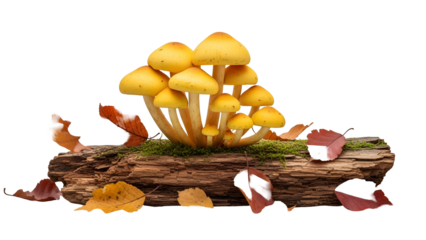 Cluster of Golden Mushrooms on Mossy Log with Autumnal Leaves Transparent Background
