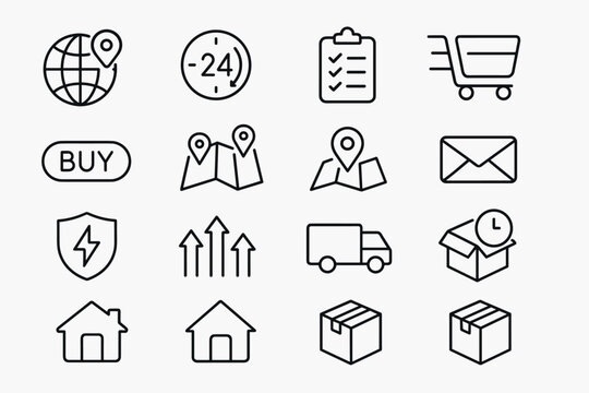 Essential delivery and ecommerce icon set featuring outline design for logistics and shopping