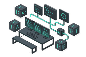 Abstract isometric setup showing software development workflow and data exchange