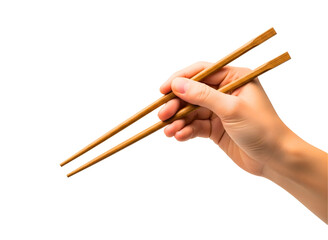 Hand holding chopsticks isolated on transparent background