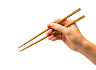 Hand holding chopsticks isolated on transparent background