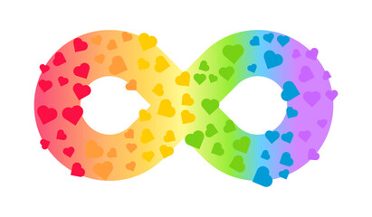 Neurodiversity infinity symbol. Vibrant infinity sign filled with rainbow hearts, symbolizing neurodiversity, love, acceptance, and inclusion. Autism awareness equality campaign. Vector illustration.