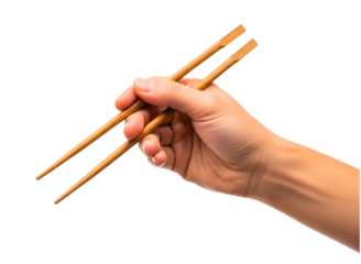 Human hand holding wooden chopsticks isolated on transparent background