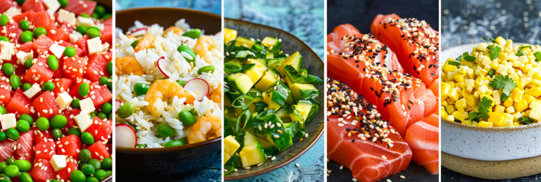 Fresh and colorful sushi ingredients arranged beautifully on plates at a dining table