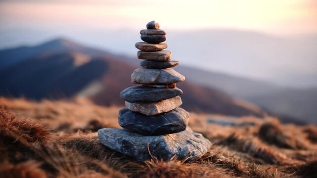 A stack of rocks, delicately balanced, stands tall against a scenic mountain backdrop at sunset