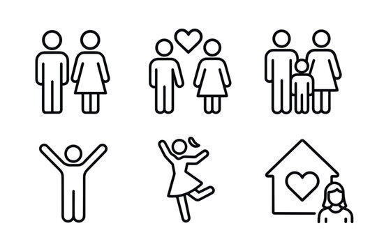 Simple relationship and family icons with love and joyful expressions