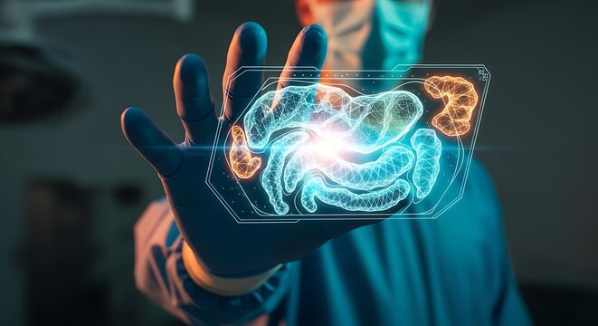 Surgeon leveraging augmented reality to visualize a holographic human digestive system, pioneering advanced medical diagnostics and future healthcare