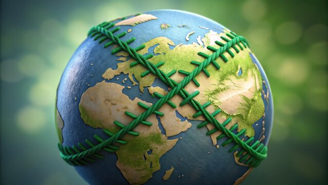 Conceptual Earth with Green Threads Stitched for Sustainability Vision