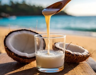 Coconut milk pouring into glass on beach tropical vacation healthy drink summer refreshment