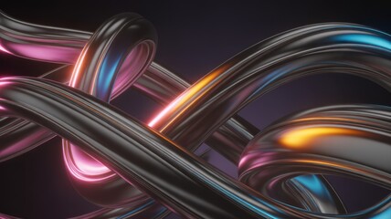 Dynamic abstract metallic tubes with vibrant neon glow pattern
