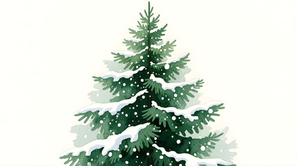 Obraz premium Tall watercolor pine tree, deep layered green tones with soft snowy edges, gentle white splatters over textured paper — natural and serene.