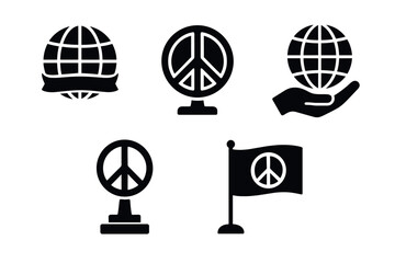 Global peace symbols globe and peace icons in minimalist silhouette design