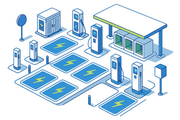 Modern electric vehicle charging station infrastructure in an isometric perspective