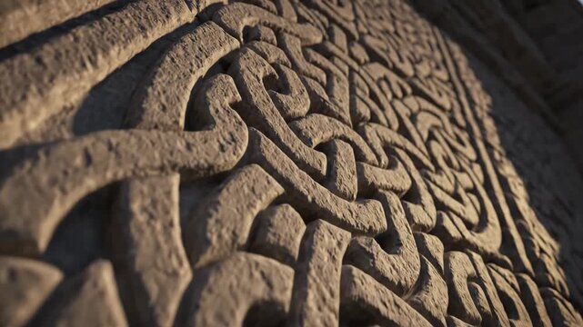 Stone carving depicting intricate celtic knot patterns, emphasizing historical art, tradition, and ancient cultures with sunlight illuminating the bas-relief details