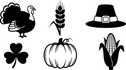 Fototapeta na wymiar Thanksgiving symbols turkey pumpkin wheat corn pilgrim hat and clover vector collection for autumn celebration designs