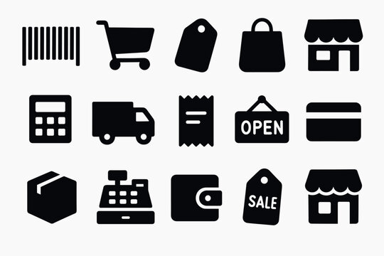 Essential retail icons collection shopping, payment, store, and sale symbols