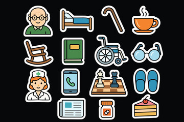 Fototapeta premium Senior living icons set health, care, relaxation, activities, essentials