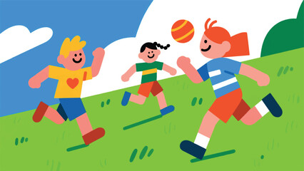 Illustration Of A Group Of Children Playing Ball On A Field Vector Design Template