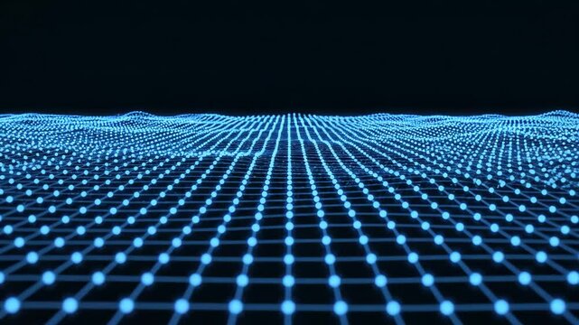 Digital network grid connecting many points creates an abstract wave pattern, representing data flow, communication, and technological innovation in a futuristic blue light