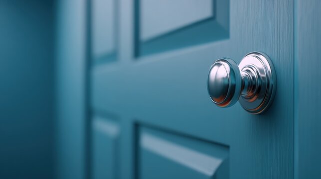 Daily office cleaning routine, Close-up of a shiny, silver door knob on a blue door, with a blurred background and a paneled design.