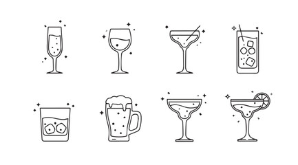 Collection of eight different cocktail and drink glasses in a simple line art silhouette style © arif