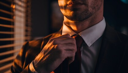 Man adjusting tie in suit jacket professional attire corporate look business fashion style formal wear