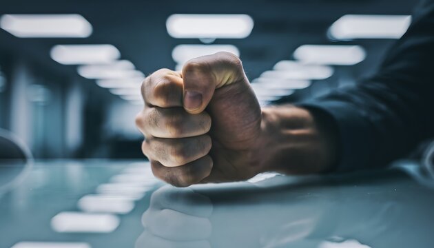 Frustrated business man clenched fist on desk expressing anger and stress in office setting