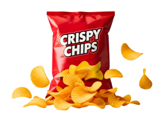 Red bag of crispy potato chips with scattered chips isolated on transparent background