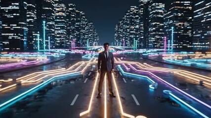 Businessman in a suit firing energy from his hand, standing on glowing circuit lines across a wet, futuristic city street with neon light buildings, symbolizing power and innovation - Powered by Adobe