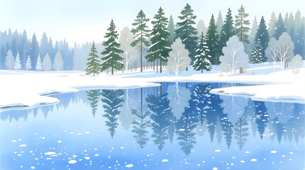  Watercolor pine forest reflection, soft trees mirrored over icy blue lake surface, snow lightly splattered — calm and wintry.