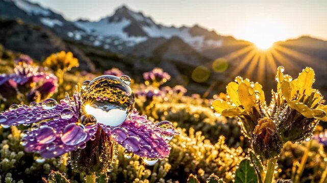 Closeup view of dew drops on a purple flower petal, capturing a full inverted reflection of the snowy mountain range and sunburst during a golden sunrise in a vibrant meadow