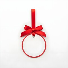 A red ribbon bow suspends a blank, round tag with a red border against a bright white background, creating a festive, clean, and inviting ambiance.
