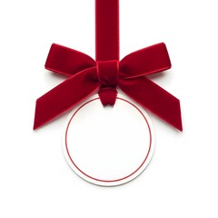 A red ribbon bow suspends a blank, round tag with a red border against a bright white background, creating a festive, clean, and inviting ambiance.
