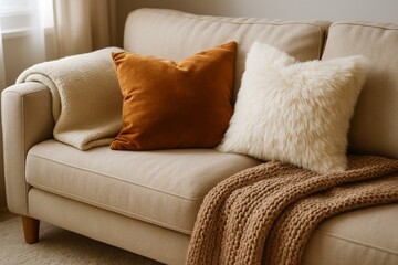 Warm Neutral Living Room Interior with Cozy Textiles and Natural Daylight 