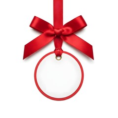 A red ribbon bow suspends a blank, round tag with a red border against a bright white background, creating a festive, clean, and inviting ambiance.
