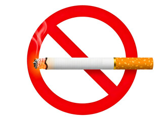 Red prohibition sign over a lit cigarette isolated on transparent background