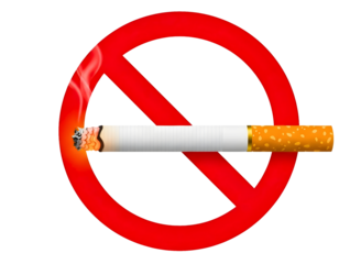 Red prohibition sign over a lit cigarette isolated on transparent background