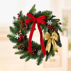 A classic Christmas wreath with pine needles, pinecones, red berries, and large red and gold bows.