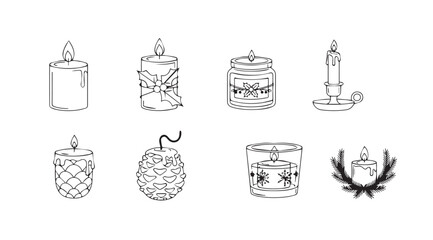 Collection of eight hand drawn candle silhouettes in a sketch style silhouette
