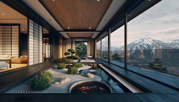 Zen interior design with japanese garden and mountain view for luxury real estate listing - Powered by Adobe