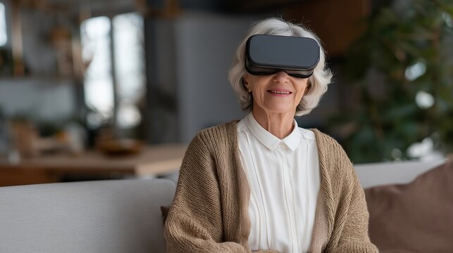Senior traveler virtually exploring famous landmarks through VR headset in a cozy living room, representing modern adventure, nostalgia in aging, and digital exploration for mobility-limited