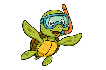 Cute cartoon sea turtle swimming happily wearing a snorkel mask and breathing tube