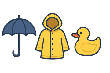 Set of rainy weather items including umbrella, yellow raincoat, and rubber duck