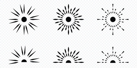 Sunburst icon set. Retro Sunburst icon set, radial Sunburst element, Vintage sunburst Fireworks design isolated, Sunrise rays light burst line. Sun rays icon, shine and burst line. 