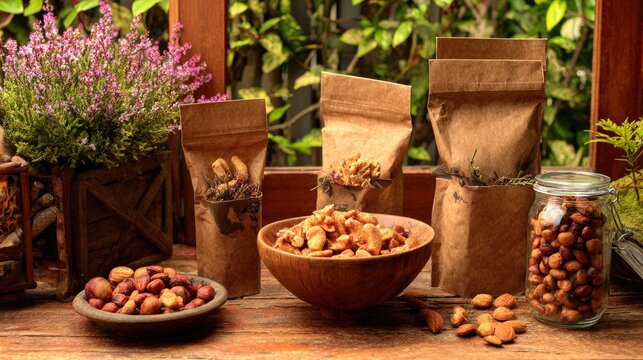 Assortment of dried nuts and seeds displayed on a rustic wooden surface with natural greenery background - Powered by Adobe