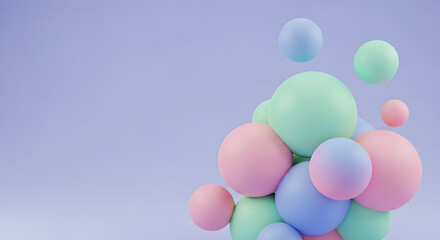Abstract 3D render of a pile of large, soft-colored spheres (pink, mint, blue, lilac) on a solid pastel background, creating a playful, minimal, and modern geometric design