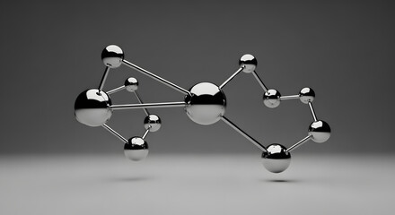 Simple 3D render of an abstract molecule model with shiny chromed metallic spheres (atoms) connected by bars, floating against a clean gray background, representing science, structure, or data