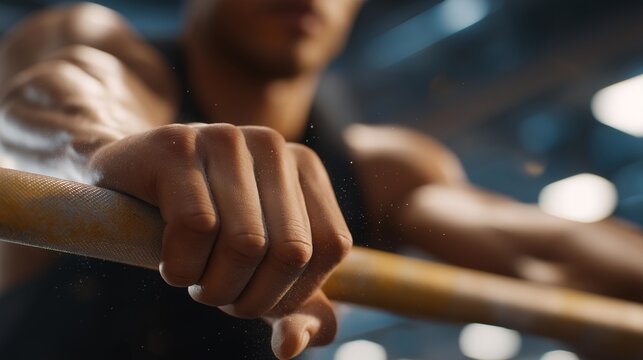 Close-up of fingers wrapped around textured bar with airborne chalk particles — representing gym motivation, workout intensity, and professional fitness-focused content for social media or wellness