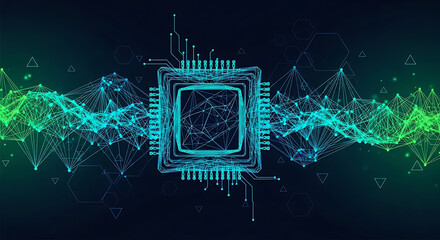 Abstract Technology Glowing Microchip with Dynamic Data Streams and Geometric Networks